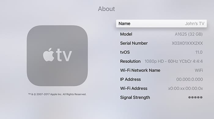 Tvos11 Настройки Apple TV Общие О программе