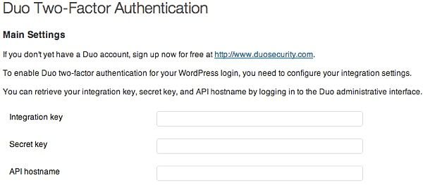 Страница настроек двухфакторной аутентификации Duo в WordPress.