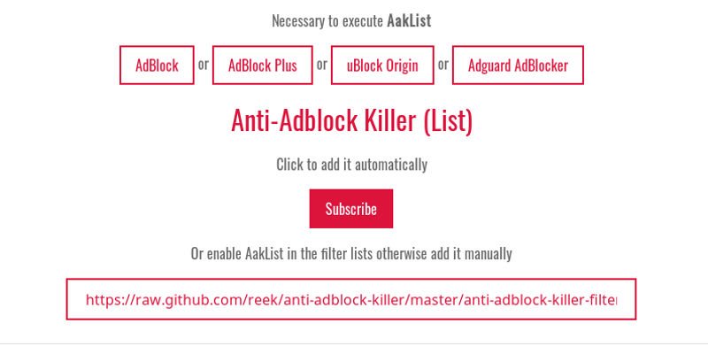 Установите список определений Anti-Adblock Killer