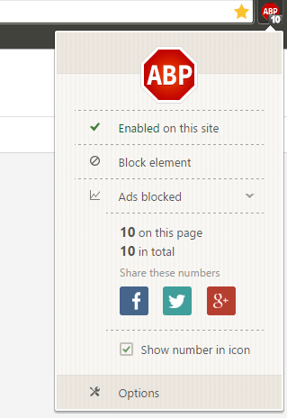 Интерфейс AdBlock Plus на странице