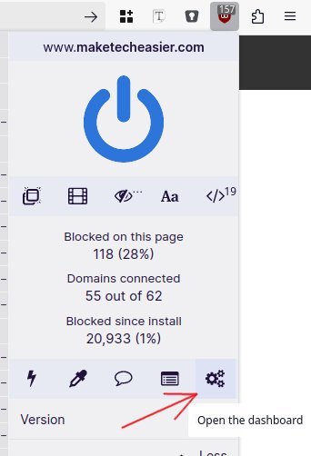 Открытая панель управления Ublock Origin