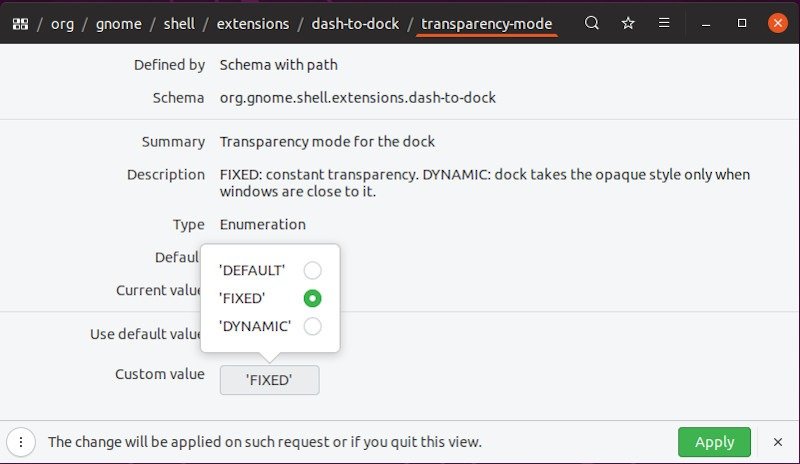 Прозрачность док-станции Ubuntu Dconf