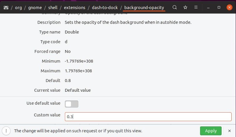 Установленное значение прозрачности док-станции Ubuntu