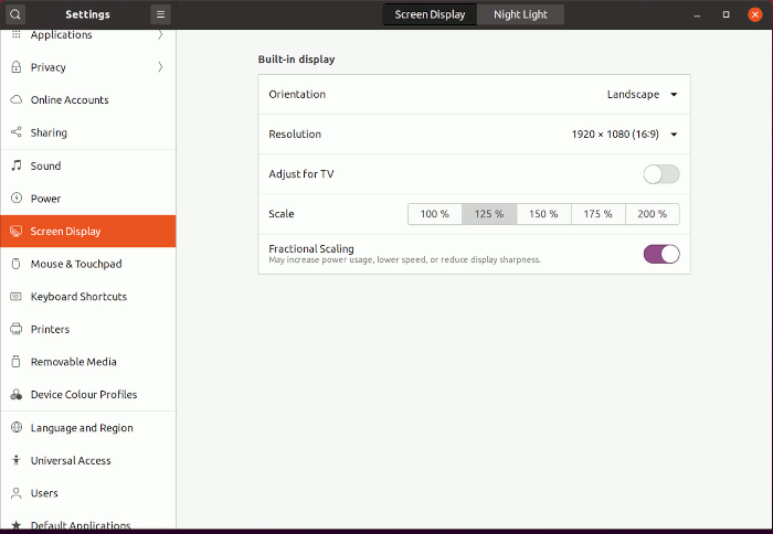 Настройки Ubuntu отображают дробное масштабирование