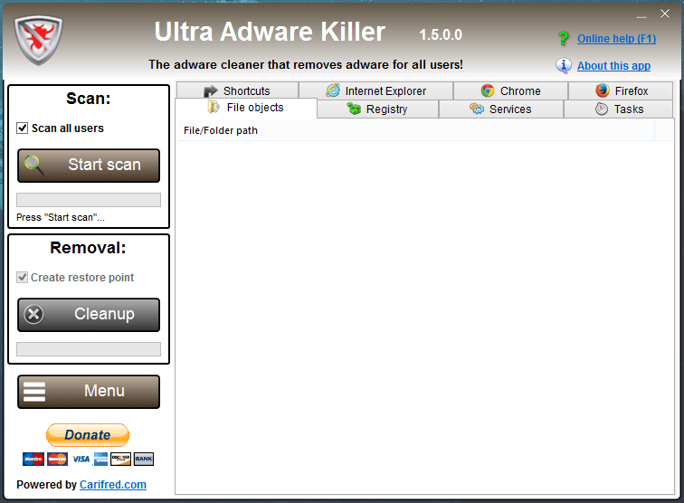 Главный экран Ultra Adware Killer