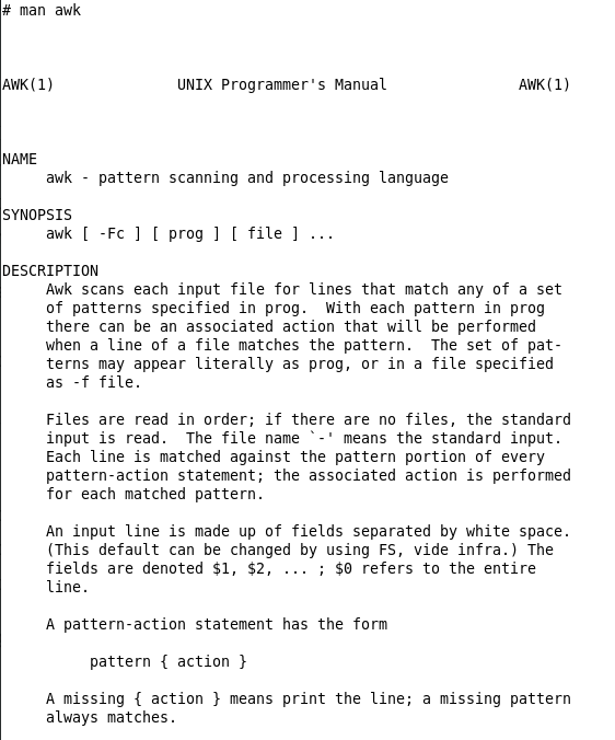 Скриншот справочной страницы awk 7-го издания Research Unix.