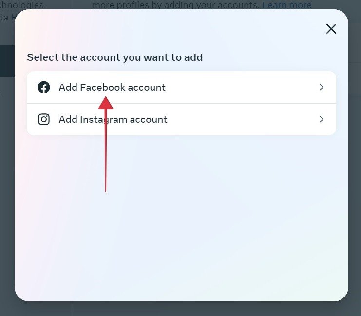 Нажмите «Добавить учетную запись Facebook» в веб-версии Instagram.