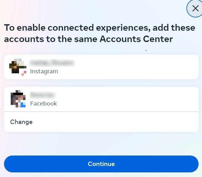 Нажмите кнопку «Продолжить», чтобы связать учетные записи Instagram и Facebook.