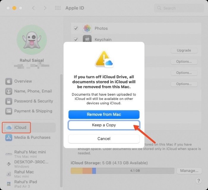 Снимите флажок Icloud Drive и выберите «Сохранить копию 1».