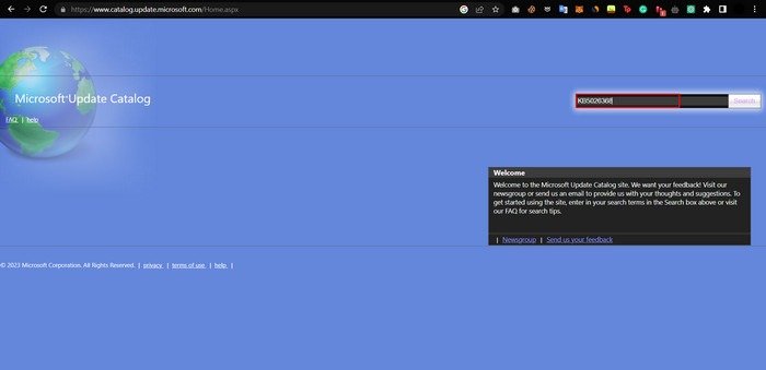Каталог обновлений Microsoft с видимой панелью поиска.