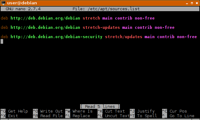 Пример списка источников обновления Debian