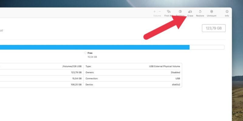 USB-формат Mac, нажмите кнопку «Стереть»