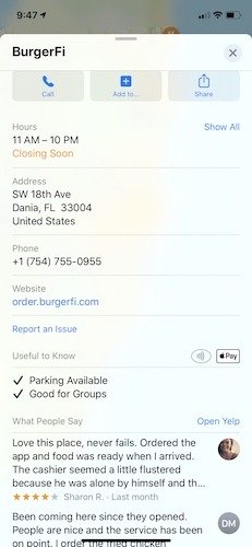 Используйте Apple Maps Найдите Apple Pay Iphone Burgerfi