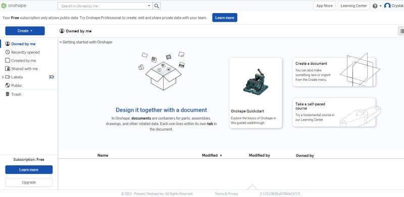 Панель мониторинга нового проекта Onshape.