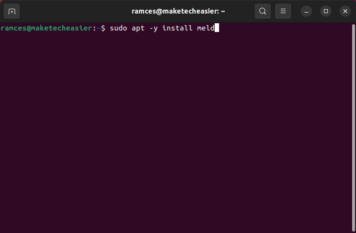 Окно терминала, показывающее команду установки Meld.