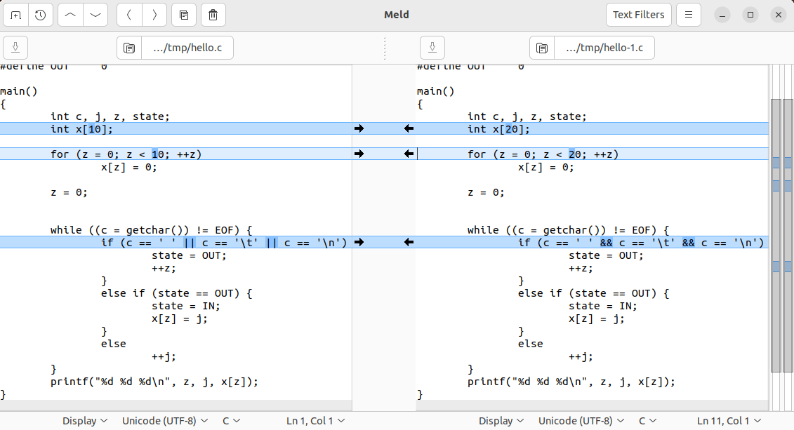 Скриншот программы Meld, показывающий простой результат.