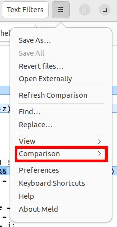 Скриншот меню параметров Meld с выделением подменю «Сравнение».