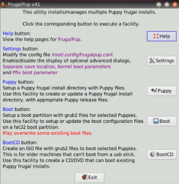 Снимок экрана, показывающий утилиту FrugalPup, основную программу для воссоздания установочных дисков Puppy Linux.