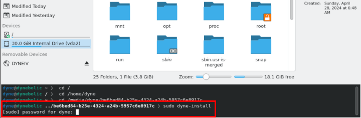 Снимок экрана, на котором показана команда dyne-install во встроенной командной строке файлового менеджера.