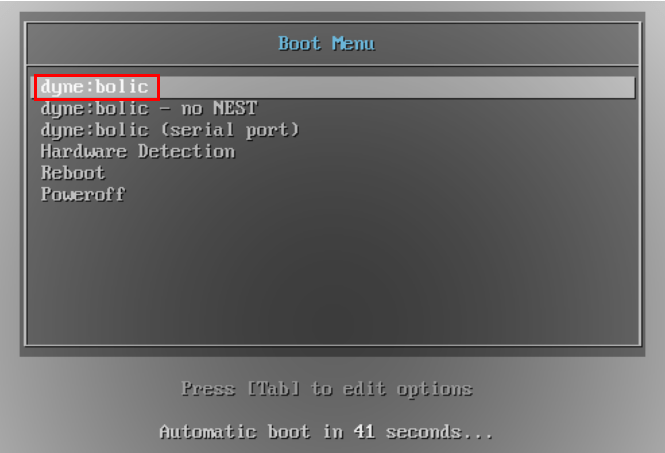 Снимок экрана, показывающий вложенный режим «dyne:bolic» в меню загрузчика.