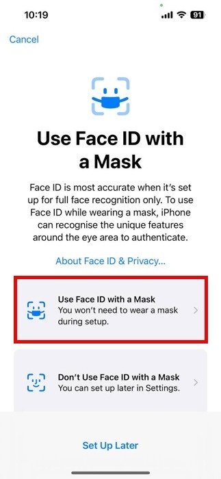 Использовать Face Id с выделенной кнопкой маски