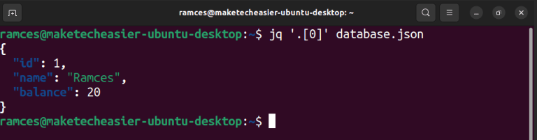 Терминал, показывающий, как jq печатает первую запись в базе данных JSON.