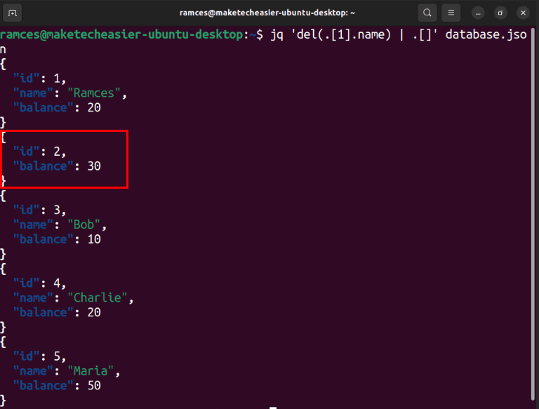 Терминал, показывающий вторую запись без ключа JSON без имени.