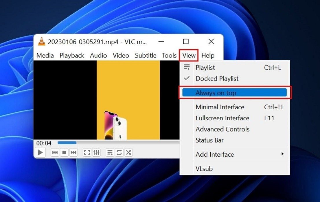 Активация «Всегда сверху» из меню «Вид» в VLC.