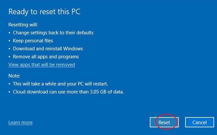 Использование облачной опции восстановления заводских настроек Windows 10, готовой к сбросу