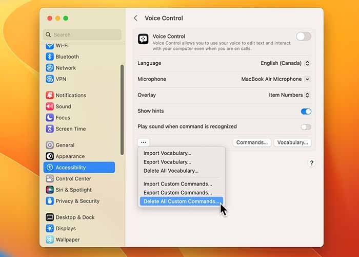 Использование голосового управления на Mac Удалить все пользовательские команды 1