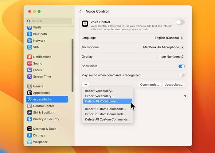 Использование голосового управления на Mac Удалить весь словарный запас