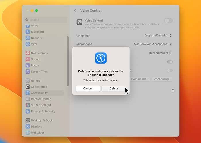 Использование голосового управления на Mac Удалить словарь