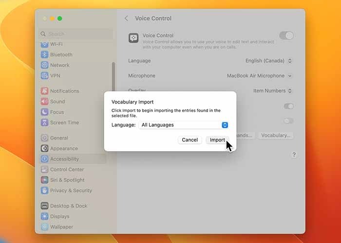 Использование голосового управления на Mac Кнопка «Импорт словаря»