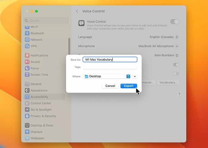 Использование голосового управления на Mac Сохранить экспортированный словарь