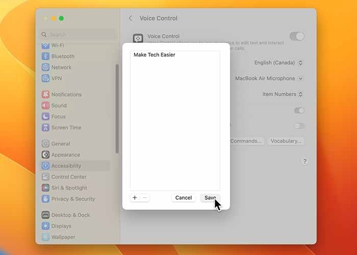 Использование голосового управления на Mac Сохранить словарь