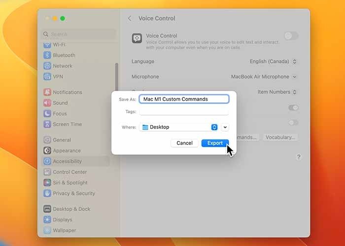 Использование голосового управления на Mac. Сохранение экспортированных команд.