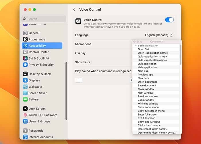 Использование голосового управления на Mac Показать команды