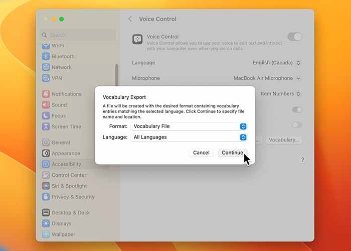 Использование голосового управления при экспорте словаря Mac