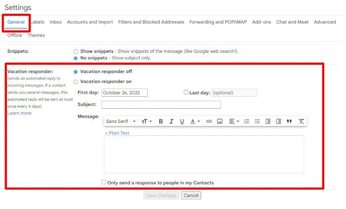 Общие настройки Gmail для ответа на отпуск