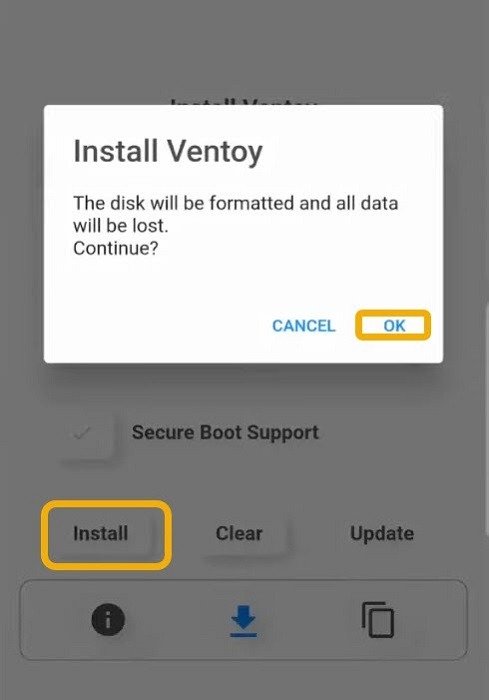 Всплывающее окно «Установить Ventoy» на Android.