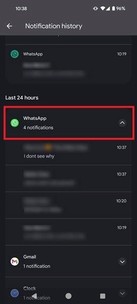 Просмотр всех уведомлений WhatsApp за последние 24 часа.