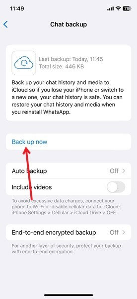 Запускаем процесс резервного копирования в WhatsApp для iPhone.