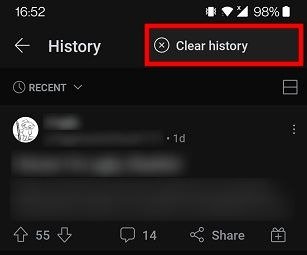 Просмотреть историю Reddit Mobile Очистить историю