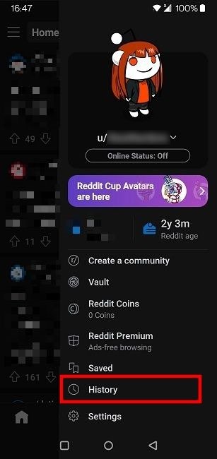 Просмотр истории Опция Reddit Mobile History