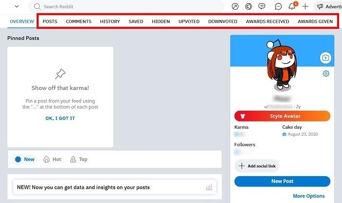 Просмотреть историю Reddit ПК Параметры вашего профиля