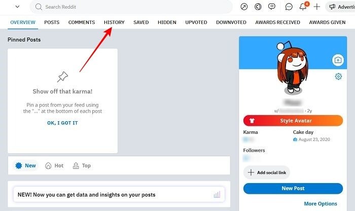 Просмотр истории Reddit ПК Просмотр вашего профиля
