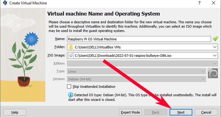 Virtualbox Raspberry Pi Os Создать виртуальную машину Имя виртуальной машины и операционная система Красная стрелка на кнопке «Далее»