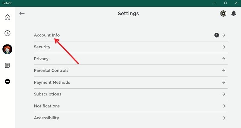 Выбор опции «Информация об учетной записи» в настольном приложении Roblox.