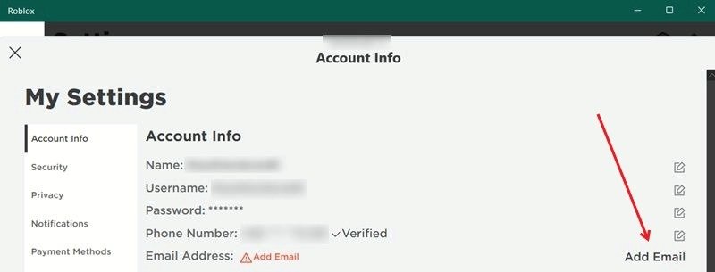 Нажав кнопку «Добавить адрес электронной почты» в приложении Roblox для ПК.