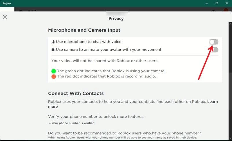 Включение опции «Использовать микрофон для голосового чата» в приложении Roblox для настольного компьютера.